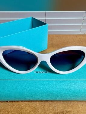 Tiffany & Co. White Cat-Eye Sunglasses with Blue Gradient Lenses